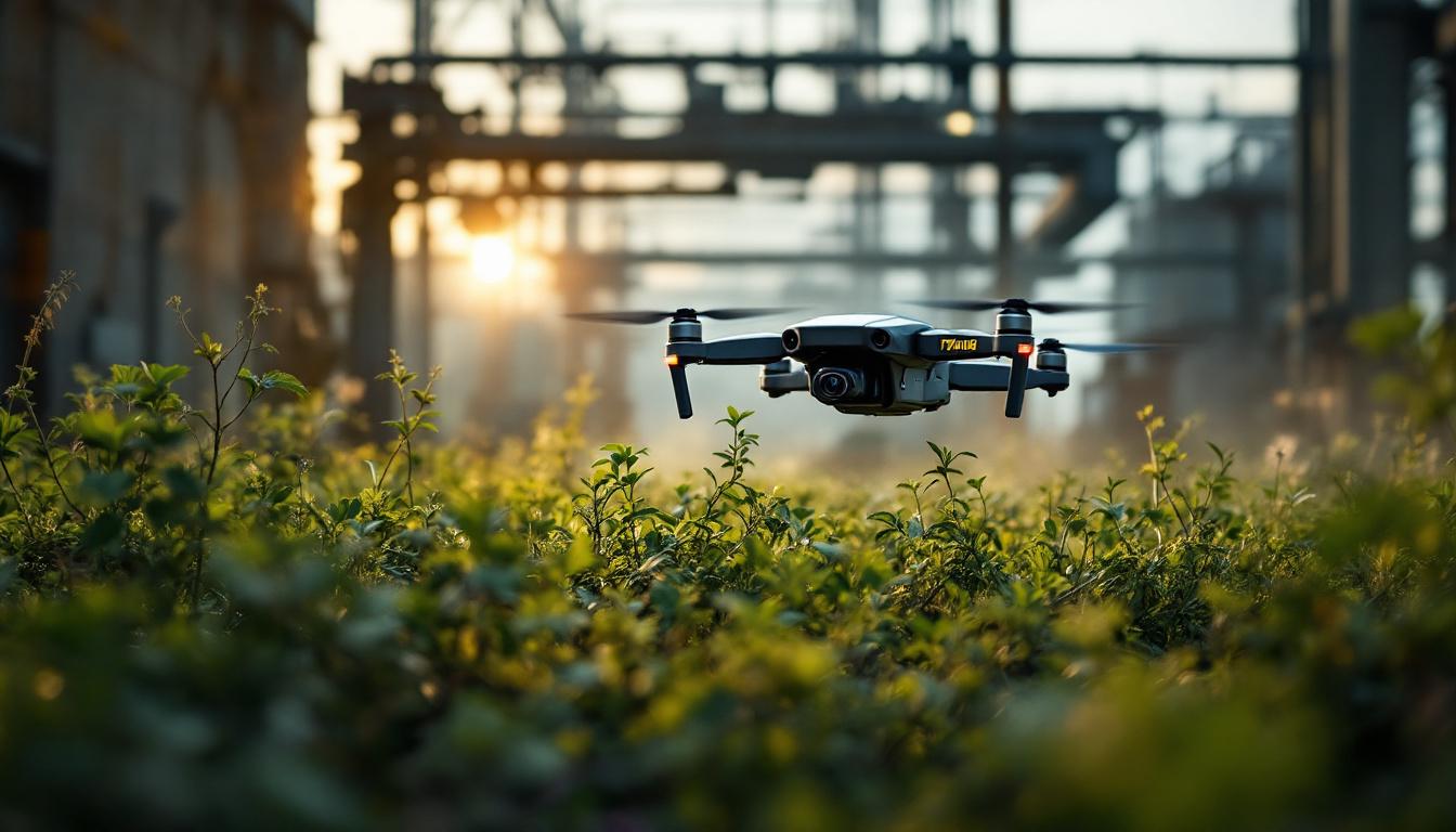 A photograph of a drone trimmer in action