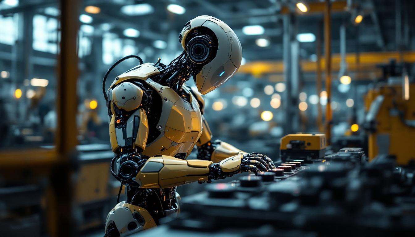A photograph of a sleek industrial robot in action within a modern manufacturing facility