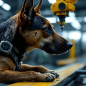 A photograph of a military working dog in action alongside an industrial robotic arm
