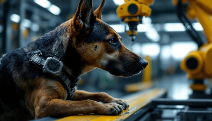 A photograph of a military working dog in action alongside an industrial robotic arm