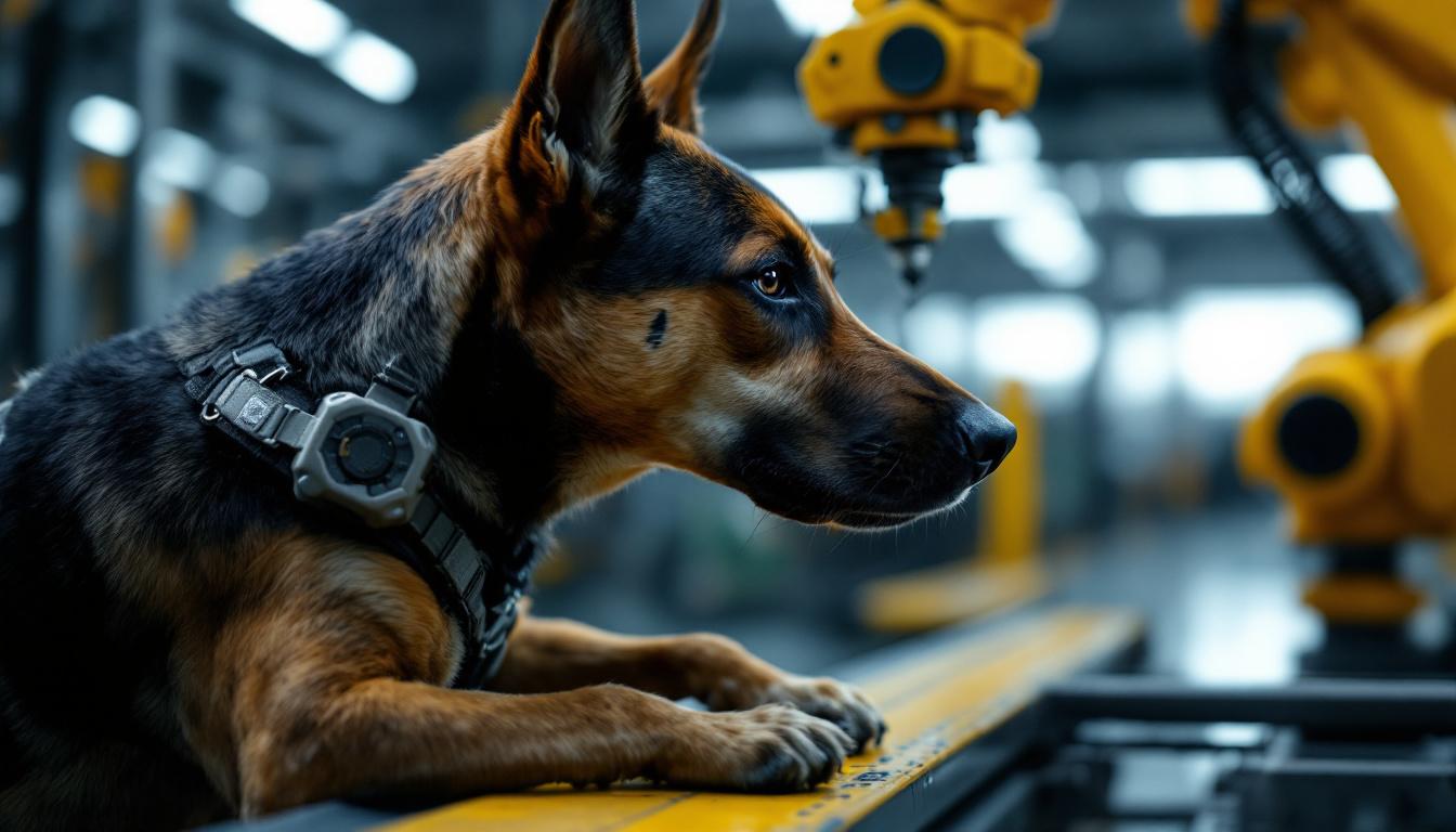 A photograph of a military working dog in action alongside an industrial robotic arm