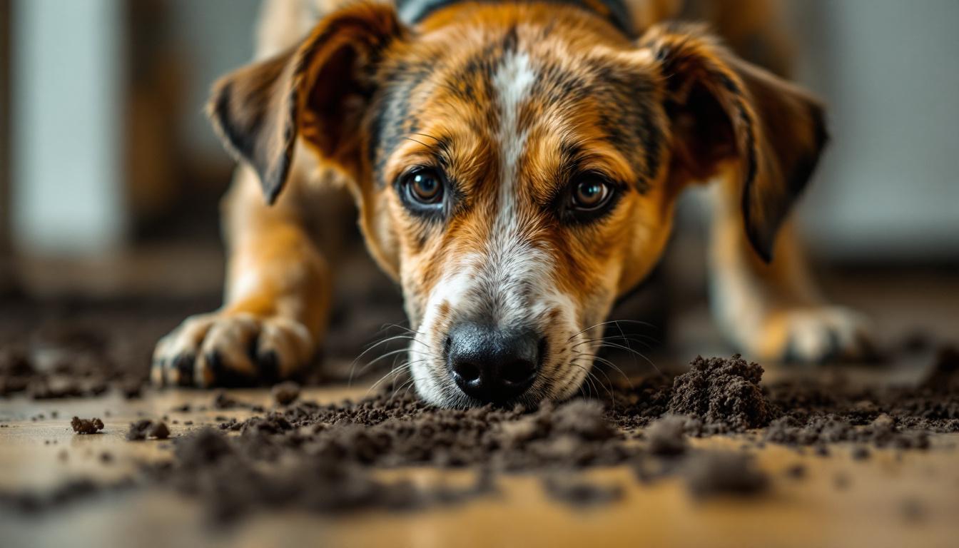 A photograph of a playful dog energetically digging at a textured floor