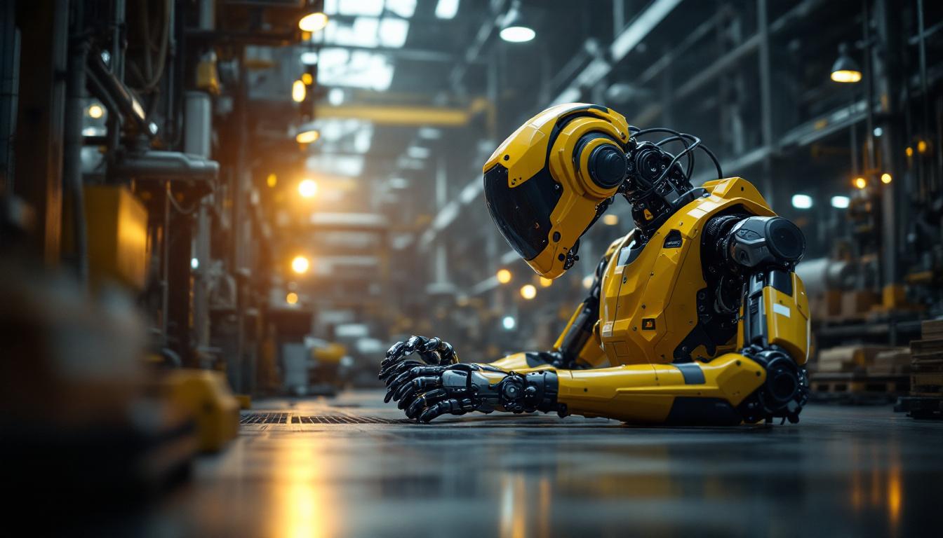 A photograph of a dynamic industrial setting where an environmental engineer interacts with advanced robotic technology