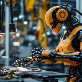 A photograph of a sleek industrial robot in action within a manufacturing environment