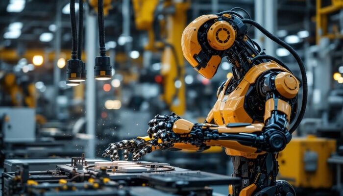 A photograph of a sleek industrial robot in action within a manufacturing environment