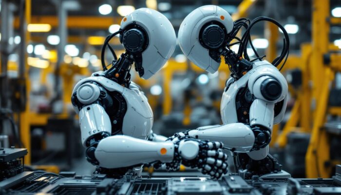 A photograph of a sleek industrial robot in action on a factory floor