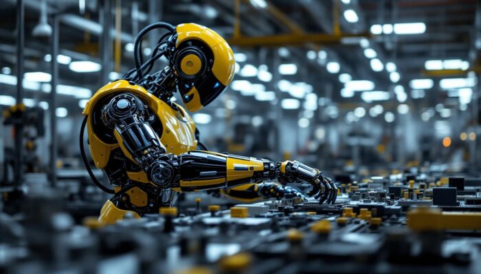 A photograph of a sleek industrial robot in action within a modern manufacturing environment