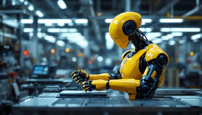 A photograph of a sleek industrial robot in action within a manufacturing environment