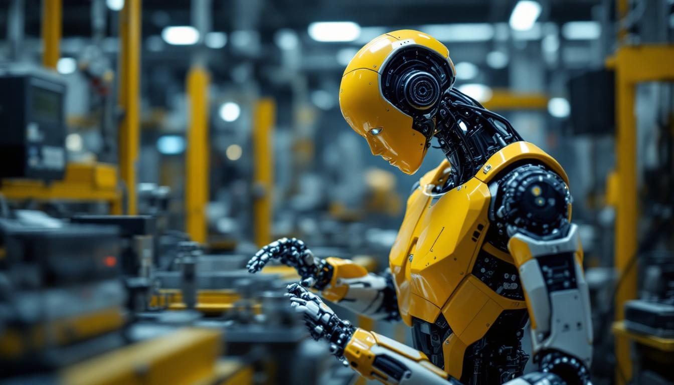 A photograph of a sleek industrial robot in action within a modern manufacturing environment