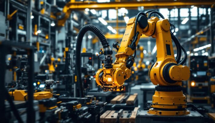 A photograph of a modern industrial robotic arm in action within a manufacturing setting