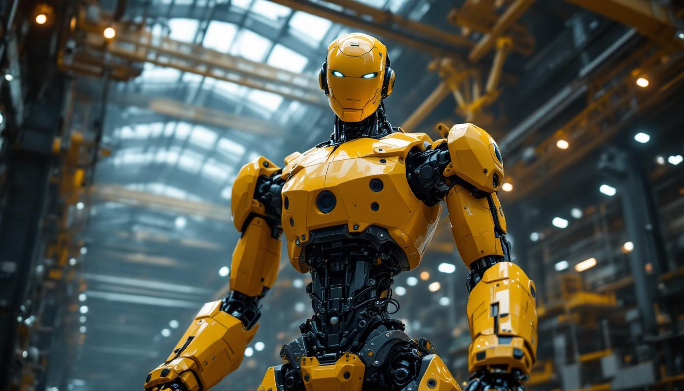 A photograph of a towering industrial robot in action within a manufacturing facility