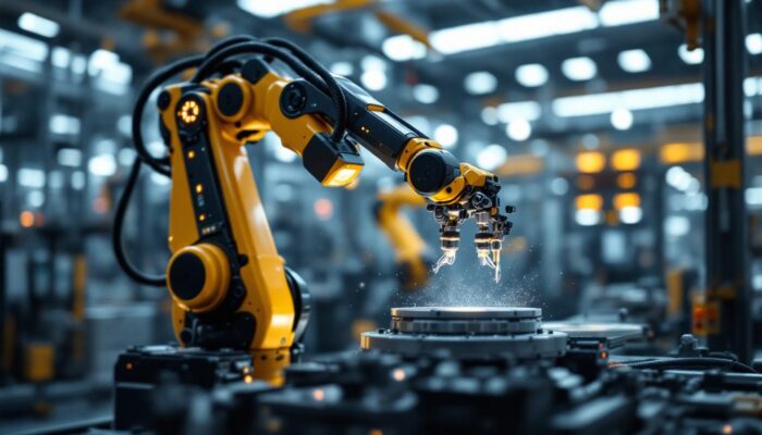 A photograph of a sleek industrial robotic arm in action
