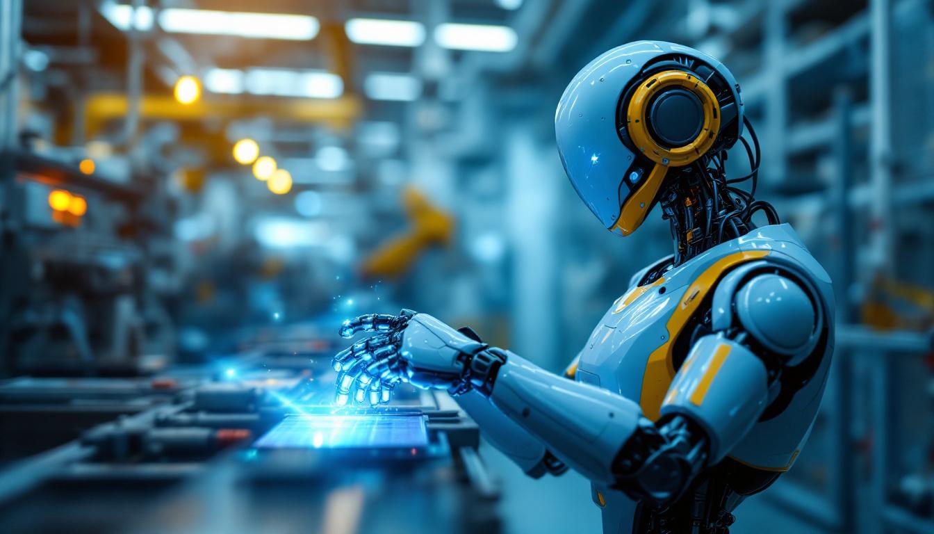 A photograph of a sleek blue industrial robot in action within a modern manufacturing environment