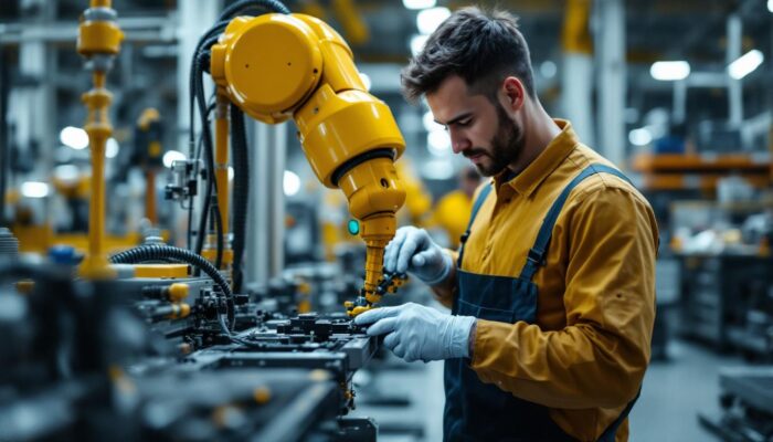 A photograph of a skilled technician working on an industrial robot in a modern manufacturing setting