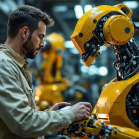 A photograph of a skilled technician programming an industrial robot in a modern manufacturing facility