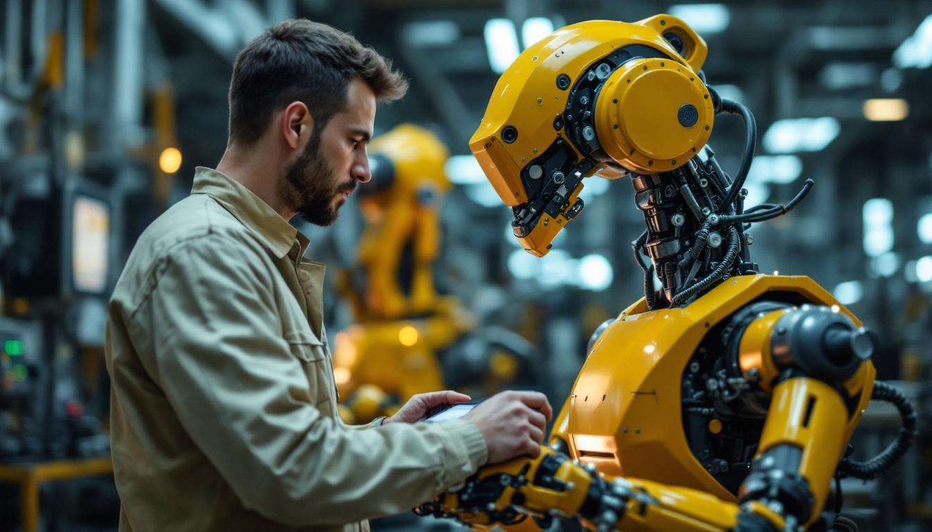 A photograph of a skilled technician programming an industrial robot in a modern manufacturing facility
