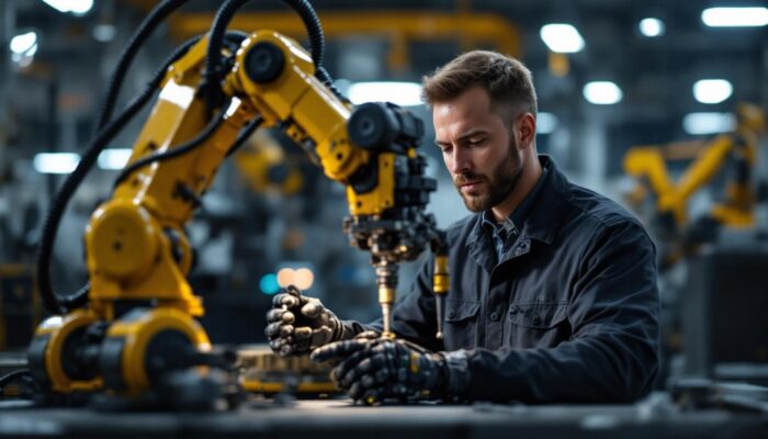 A photograph of a skilled technician inspecting an industrial robotic arm in a well-lit workshop