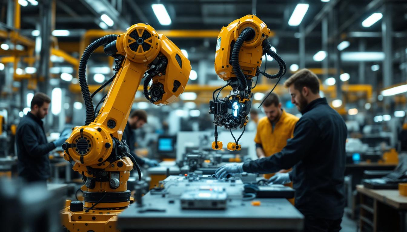 A photograph of a dynamic industrial robot in action within a modern manufacturing environment