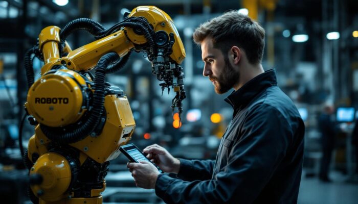A photograph of a skilled technician programming or operating an industrial robot in a modern manufacturing setting