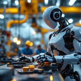 A photograph of a sleek industrial robot in action