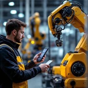 A photograph of a skilled technician programming an industrial robot in a modern factory setting