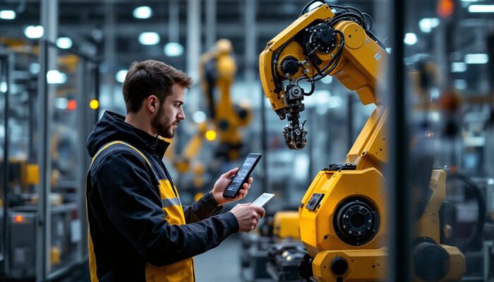 A photograph of a skilled technician programming an industrial robot in a modern factory setting
