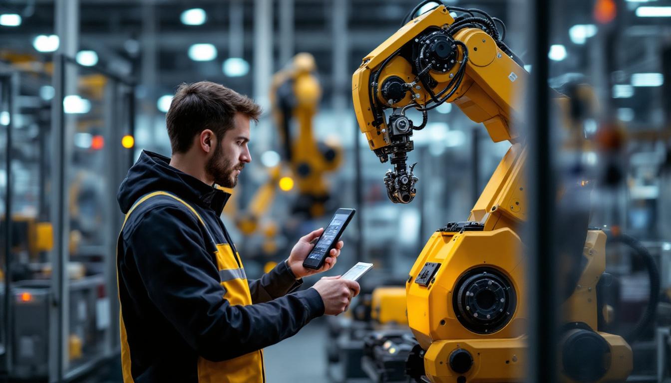 A photograph of a skilled technician programming an industrial robot in a modern factory setting