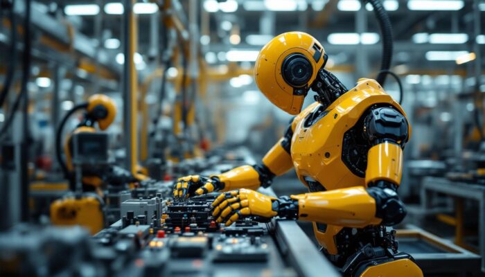 A photograph of a sleek industrial robot in action within a manufacturing environment