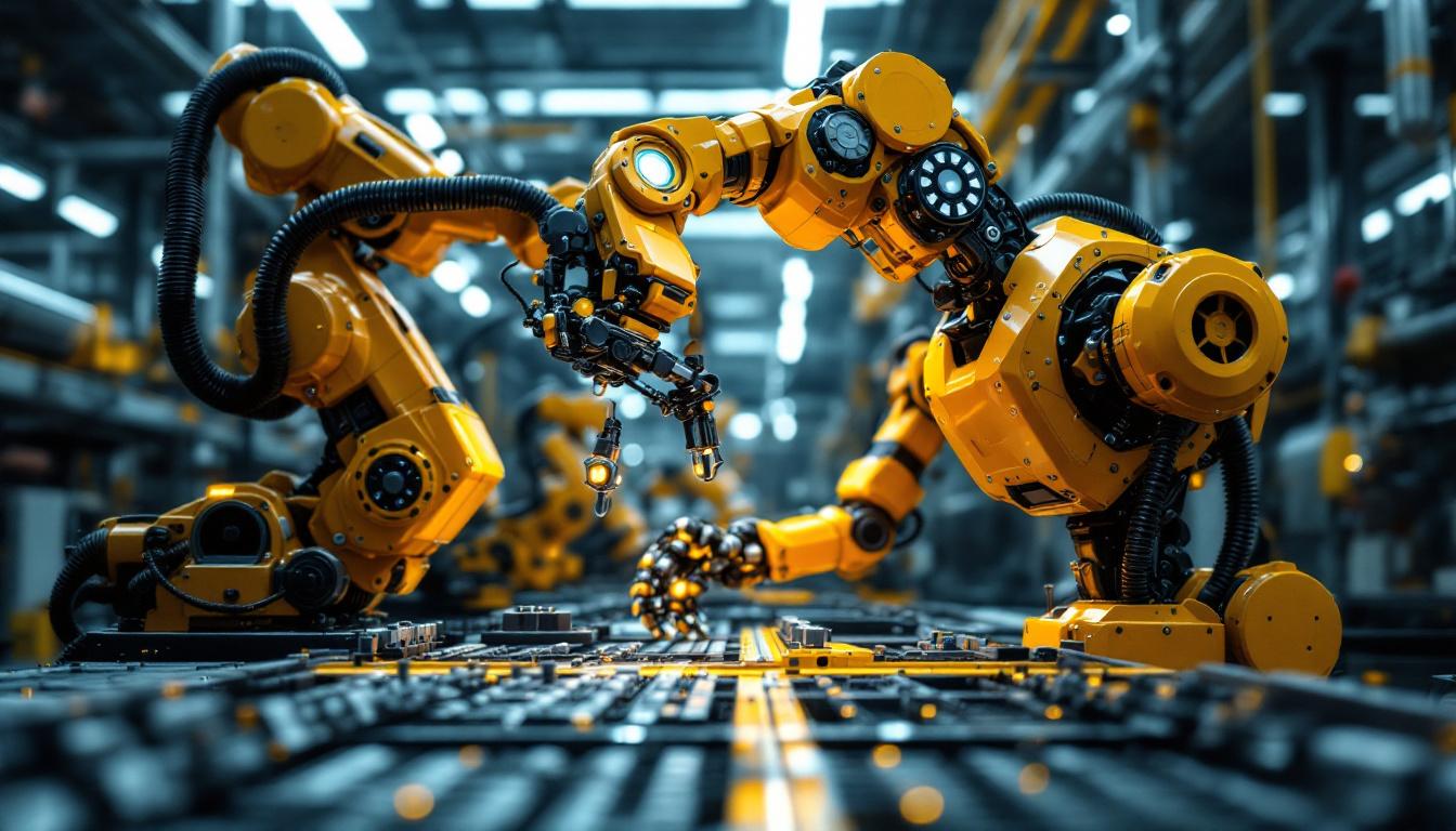 A photograph of a dynamic industrial robot in action within a manufacturing environment