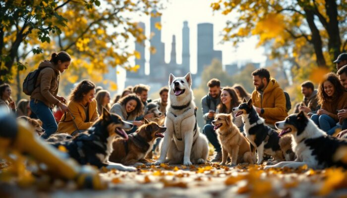 A photograph of a lively scene featuring a diverse group of people interacting joyfully with dogs in a park setting