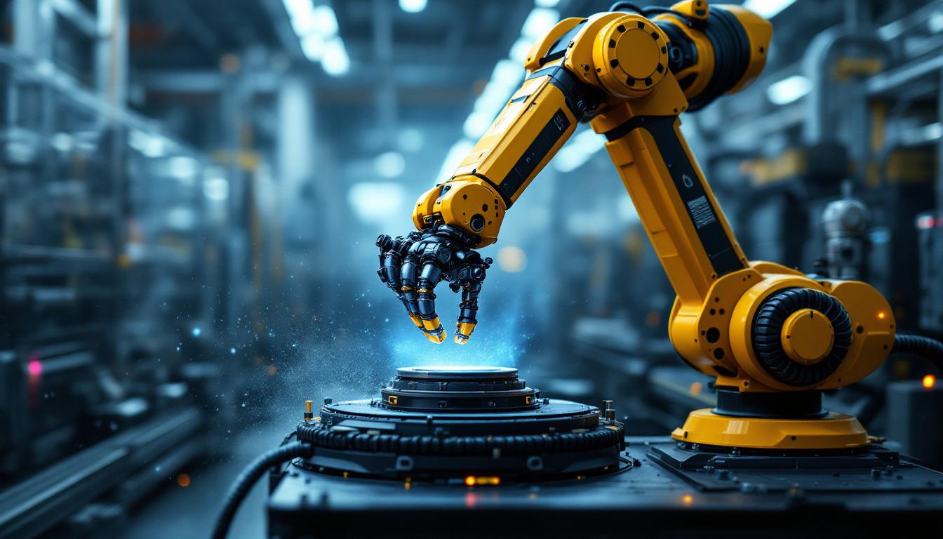 A photograph of a sleek industrial robotic arm in action