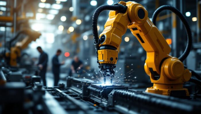 A photograph of a modern industrial robotic arm in action