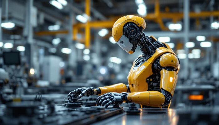 A photograph of a sleek industrial robot in action within a modern manufacturing facility