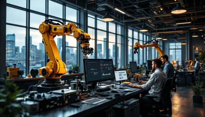 A photograph of a dynamic industrial robotics workspace in boston