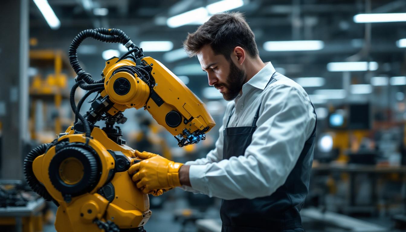 A photograph of a skilled professional interacting with an industrial robot in a modern workspace