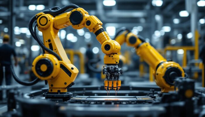A photograph of capture a photograph of an industrial robotic arm in action