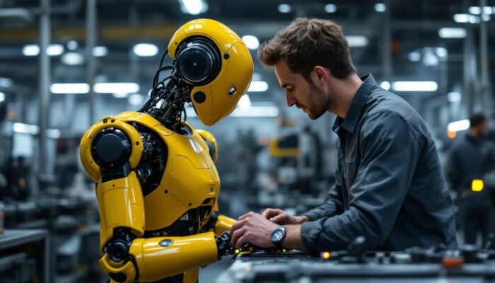 A photograph of a skilled technician programming or interacting with a sleek industrial robot in a modern manufacturing setting