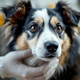 A photograph of a dog being examined by a veterinarian