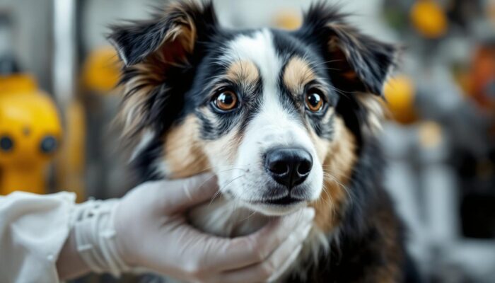 A photograph of a dog being examined by a veterinarian