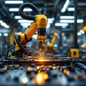 A photograph of a sleek industrial robotic arm in action