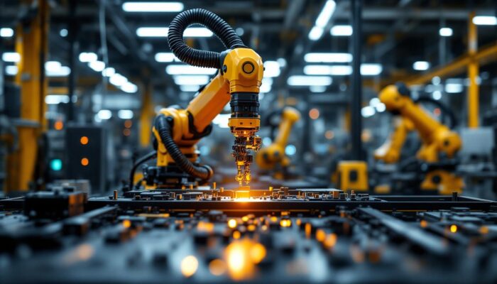 A photograph of a sleek industrial robotic arm in action