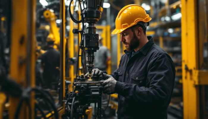 A photograph of a skilled technician operating an industrial robot in a manufacturing setting