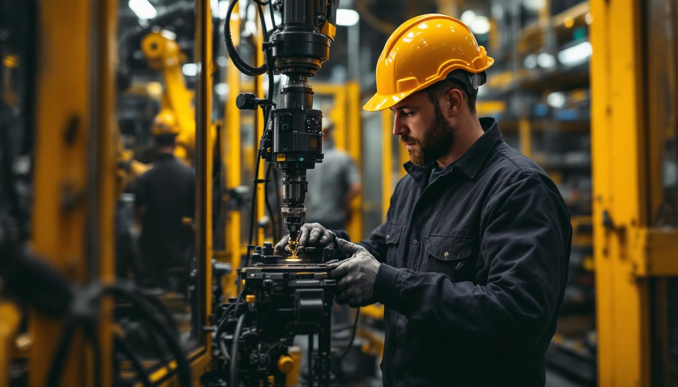 A photograph of a skilled technician operating an industrial robot in a manufacturing setting