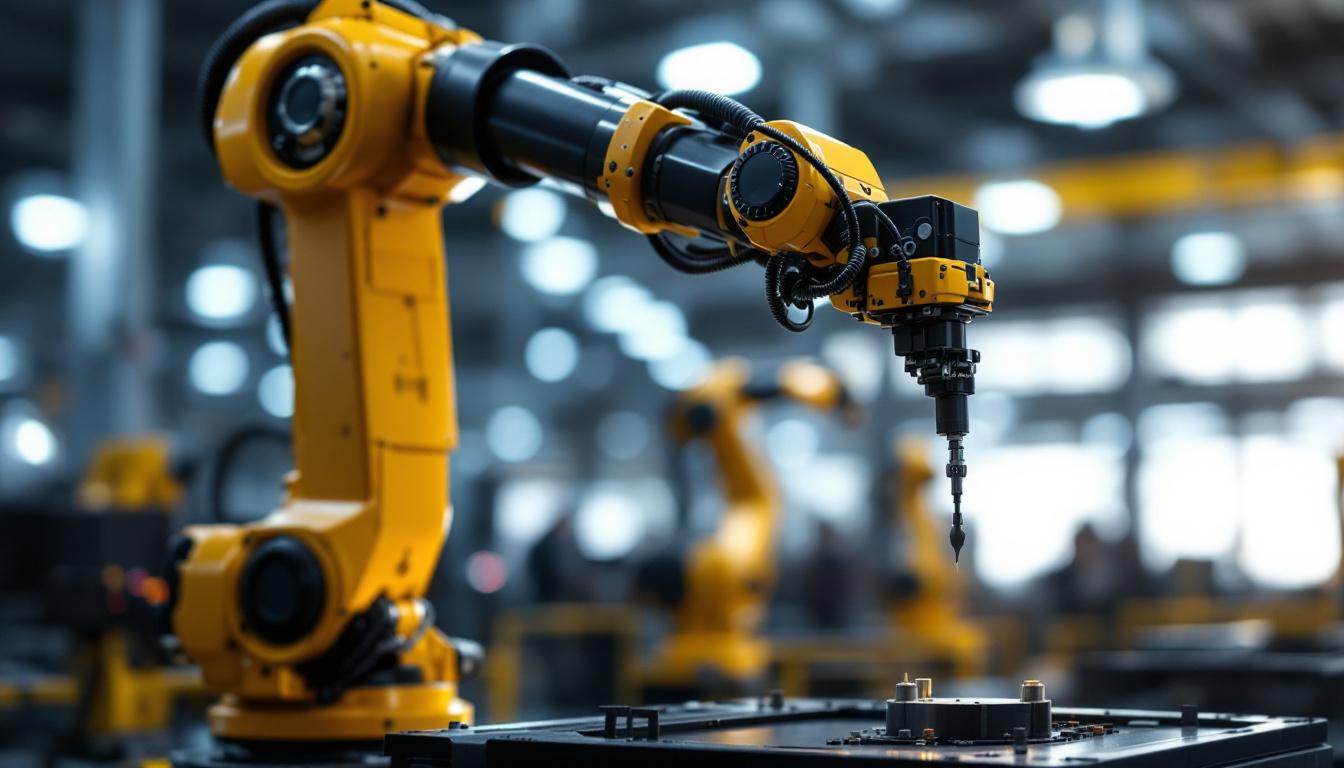 A photograph of a sleek industrial robotic arm in action