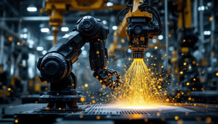 A photograph of a sleek industrial robot in action within a modern manufacturing environment