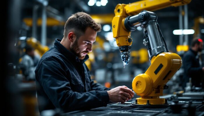 A photograph of a skilled technician interacting with an industrial robot in a modern manufacturing environment