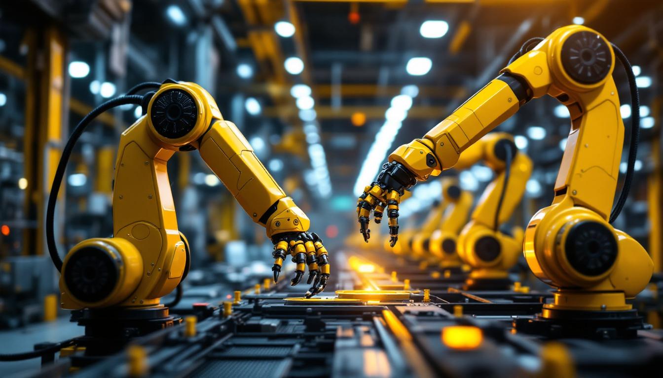 A photograph of a highly automated industrial setting featuring advanced robotic arms in action