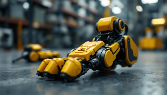 A photograph of a close-up of a robotic foot or leg in an industrial setting