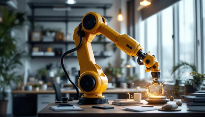 A photograph of a dynamic industrial robotic arm in action within a modern workspace
