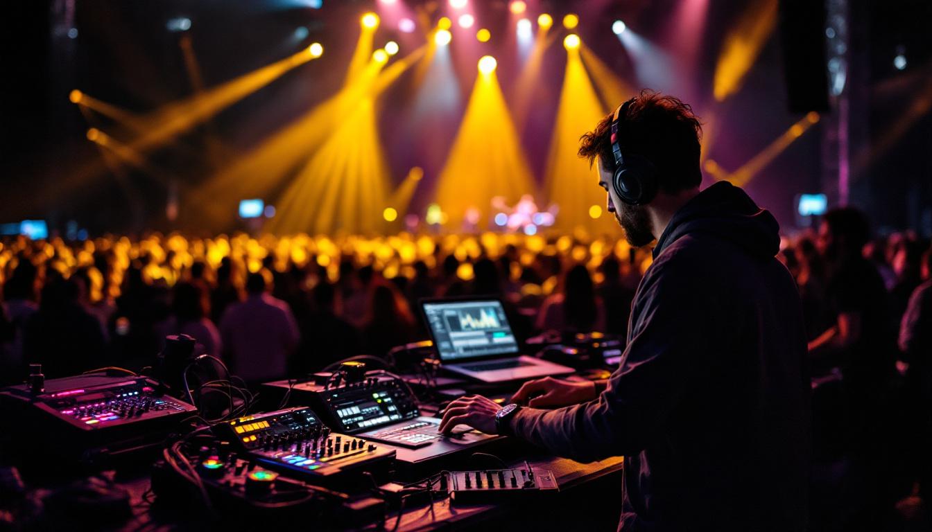 A photograph of a live sound engineer in action at a concert